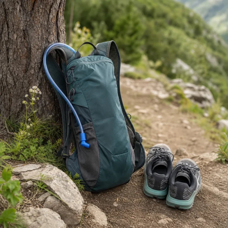 Hydration backpack with drinking tube beside outdoor gear