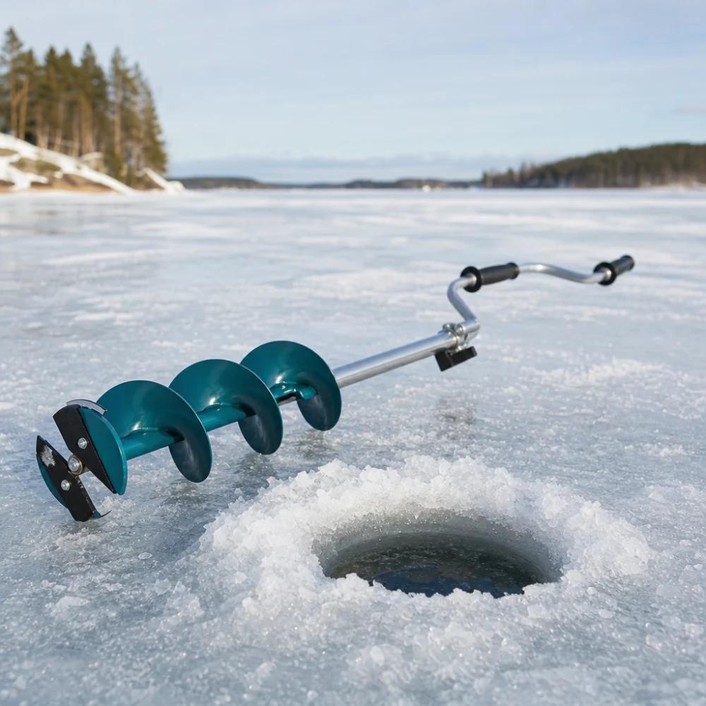 An ice auger next to a drilled hole on frozen water
