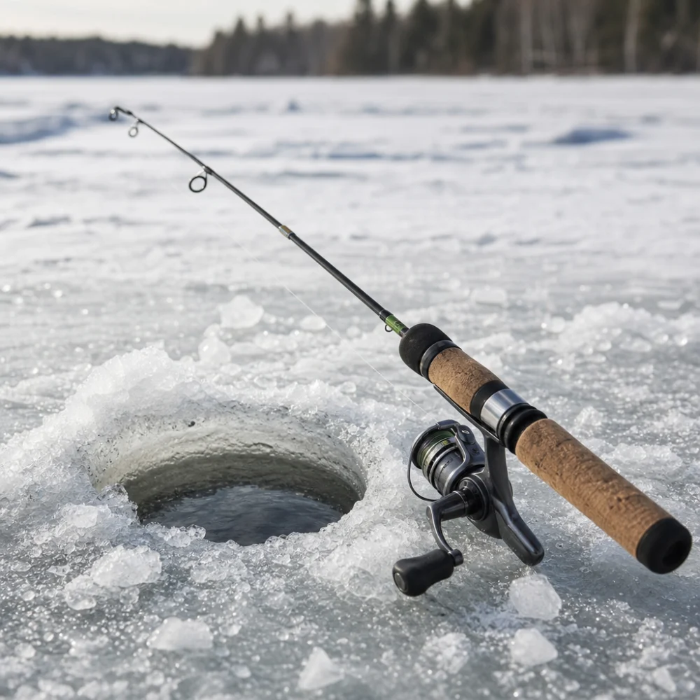 An ice fishing rod and reel combo resting beside a drilled hole in the ice.
