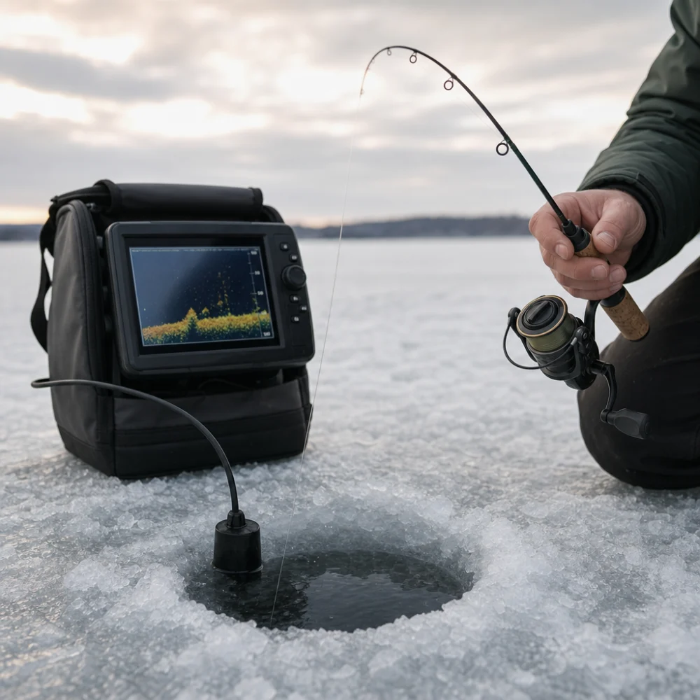 Ice fishing electronics setup on the ice beside a fishing hole