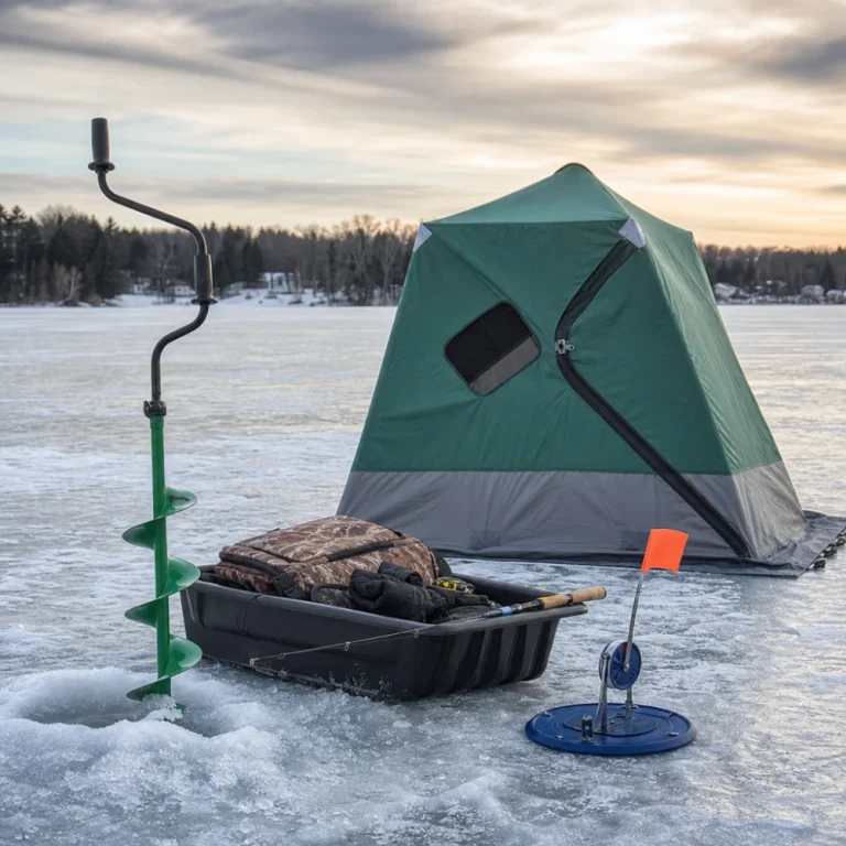 Ice fishing gear arranged on frozen ground