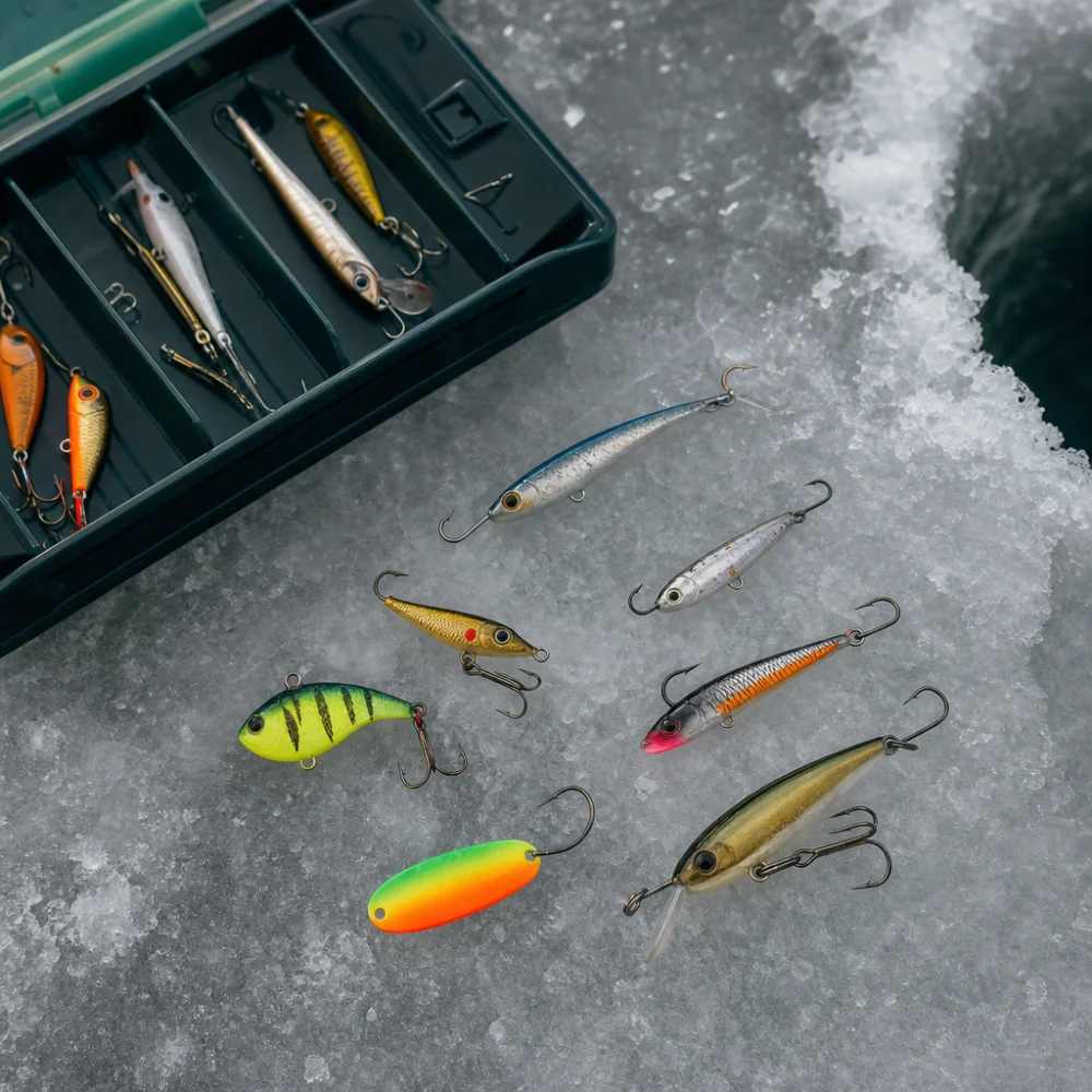 A selection of ice fishing lures arranged on a winter-themed surface beside a tackle tray.