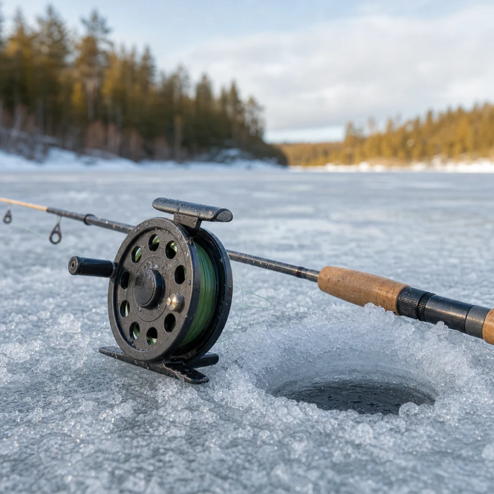 An unbranded ice fishing reel next to a rod on ice in a winter fishing scene.