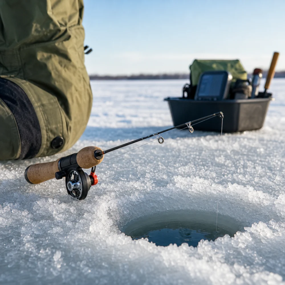 A short ice fishing rod set beside a hole in the ice in a cold outdoor setting.