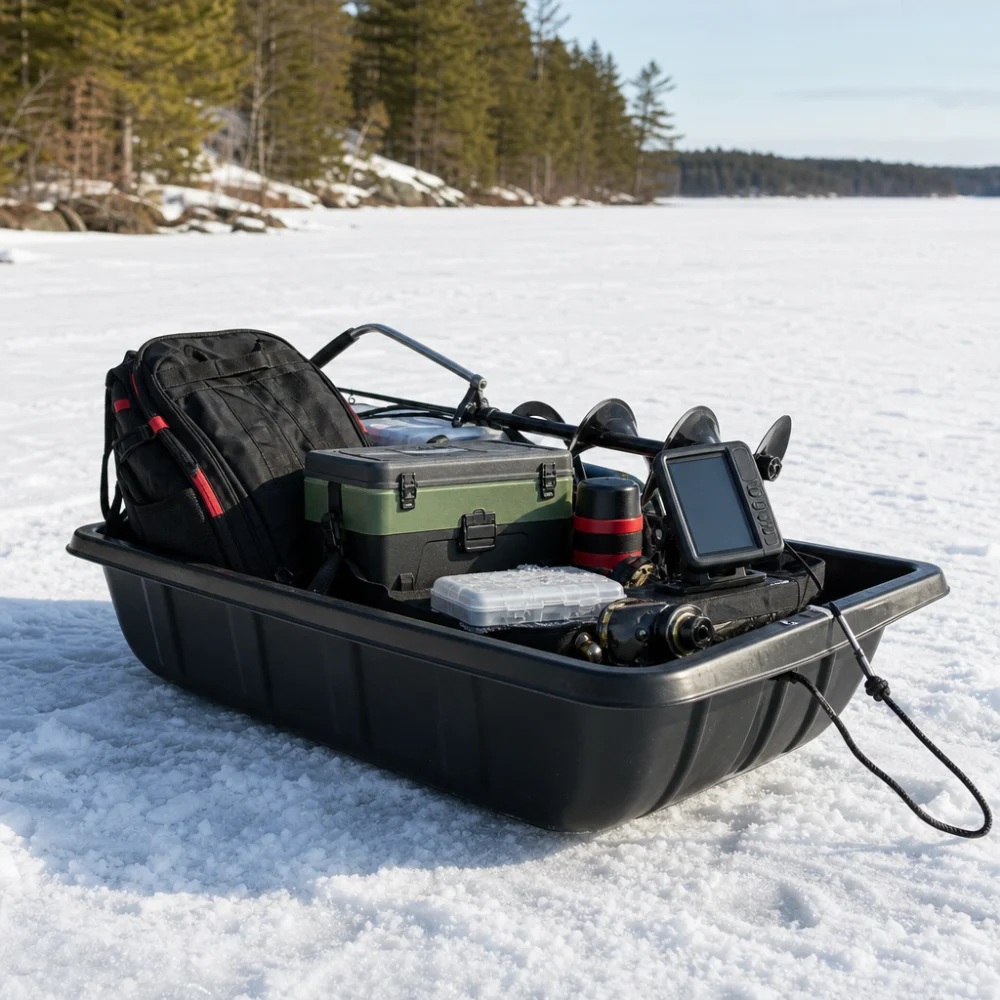 An ice fishing sled carrying winter fishing gear on snow.
