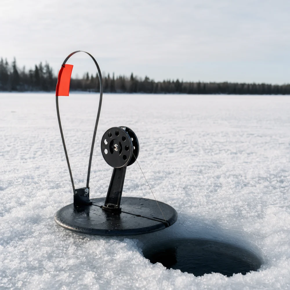 Generic ice fishing tip-up set on snowy ice near a fishing hole