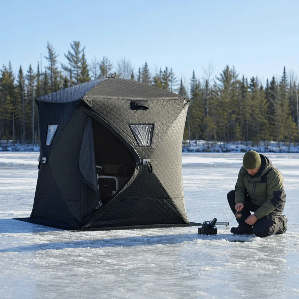 An ice fishing shelter on a frozen lake with a person nearby