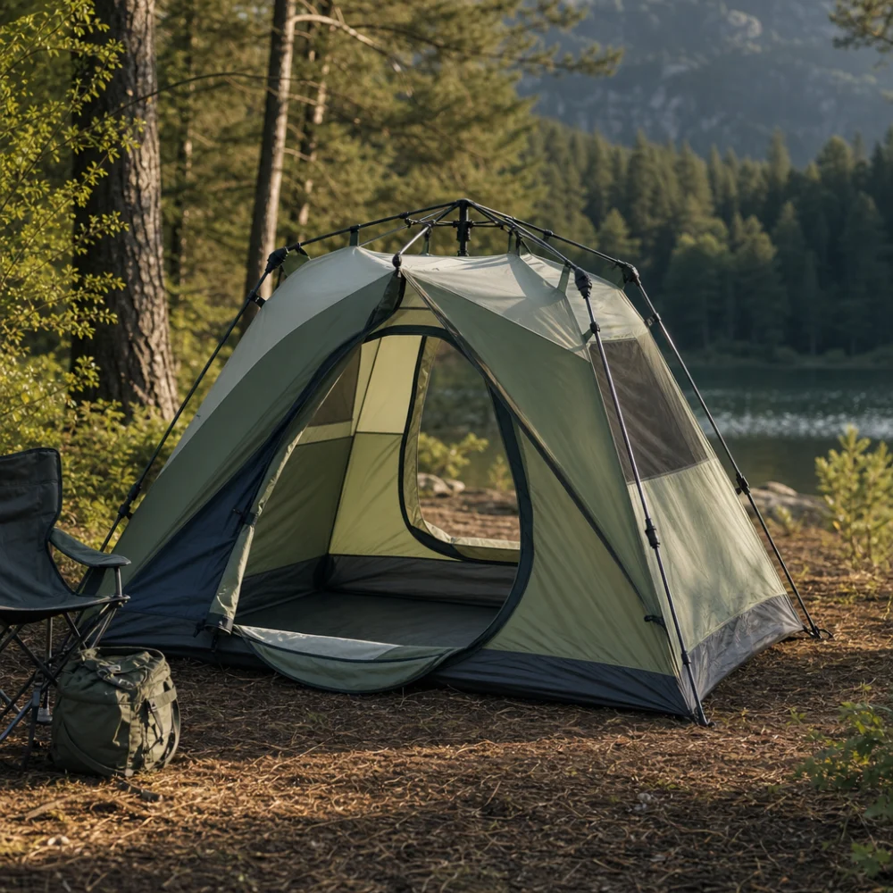 An instant camping tent set up at a campsite with nearby outdoor gear