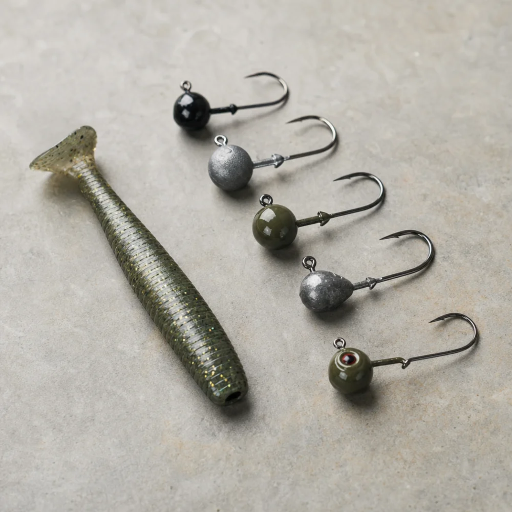 Several fishing jig heads next to a soft plastic lure on a neutral background