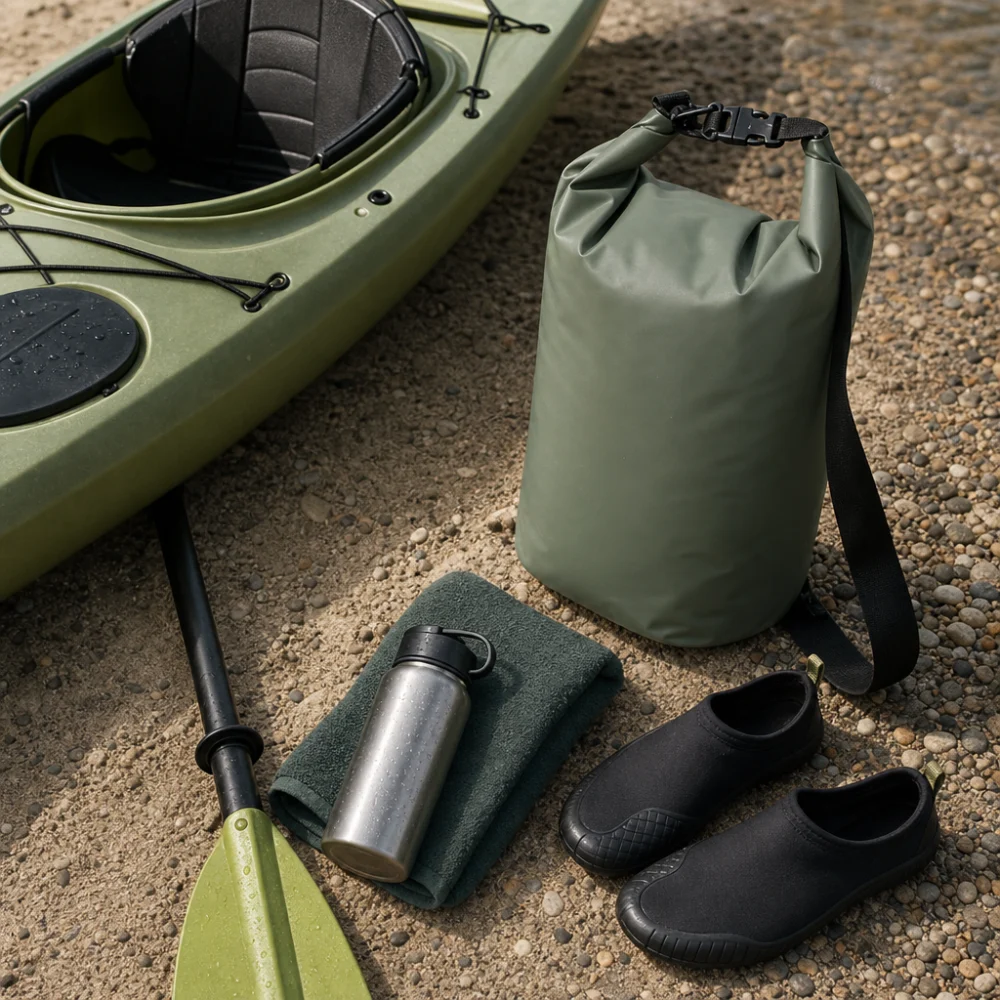 A generic kayak dry bag with paddling gear arranged on a neutral surface.