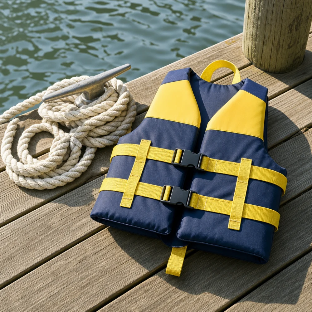 Child-sized boating life jacket laid flat in a simple marine scene