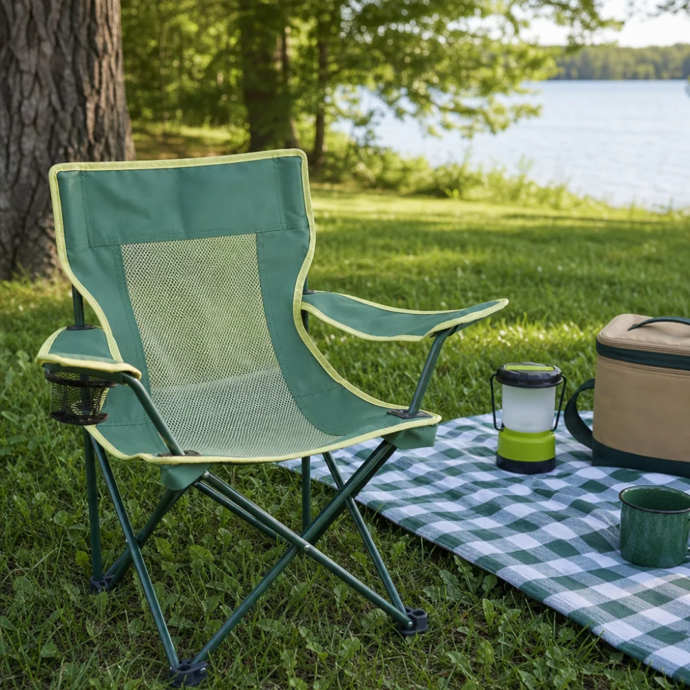 A child-sized camping chair set up outdoors near picnic gear.