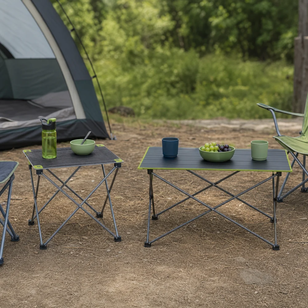 Two kid-sized camping table styles shown side by side for size comparison.