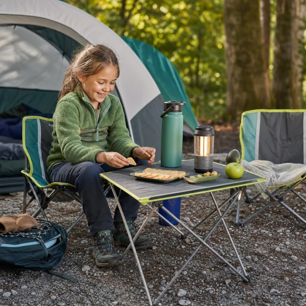 Child-sized camping table set up outdoors with simple seating and camping gear.