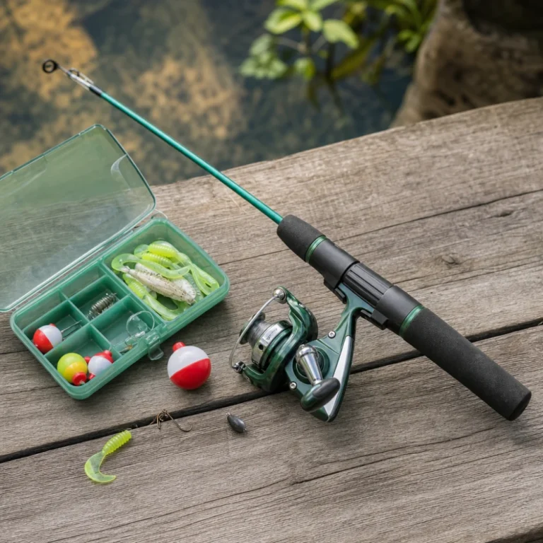 A child-sized fishing rod and reel combo with basic fishing accessories on a neutral surface.