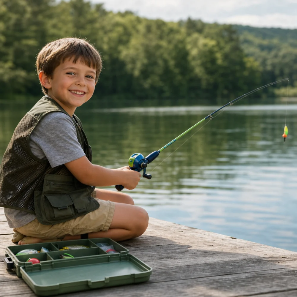 Child-sized fishing rod and basic fishing gear outdoors near the water.