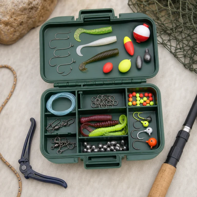 An open kids' fishing tackle kit with neatly arranged tackle pieces on a neutral background.