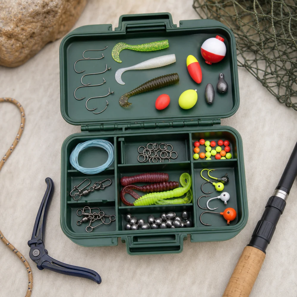 An open kids' fishing tackle kit with neatly arranged tackle pieces on a neutral background.