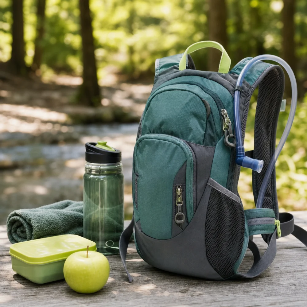 A child-sized hydration pack with simple outdoor outing essentials