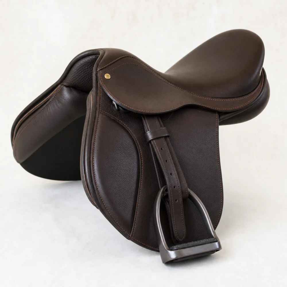 A child-sized riding saddle on a neutral background