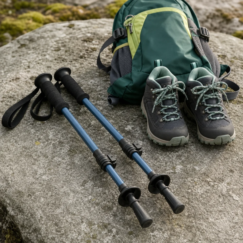 Child-sized trekking poles beside a hiking boot and backpack.