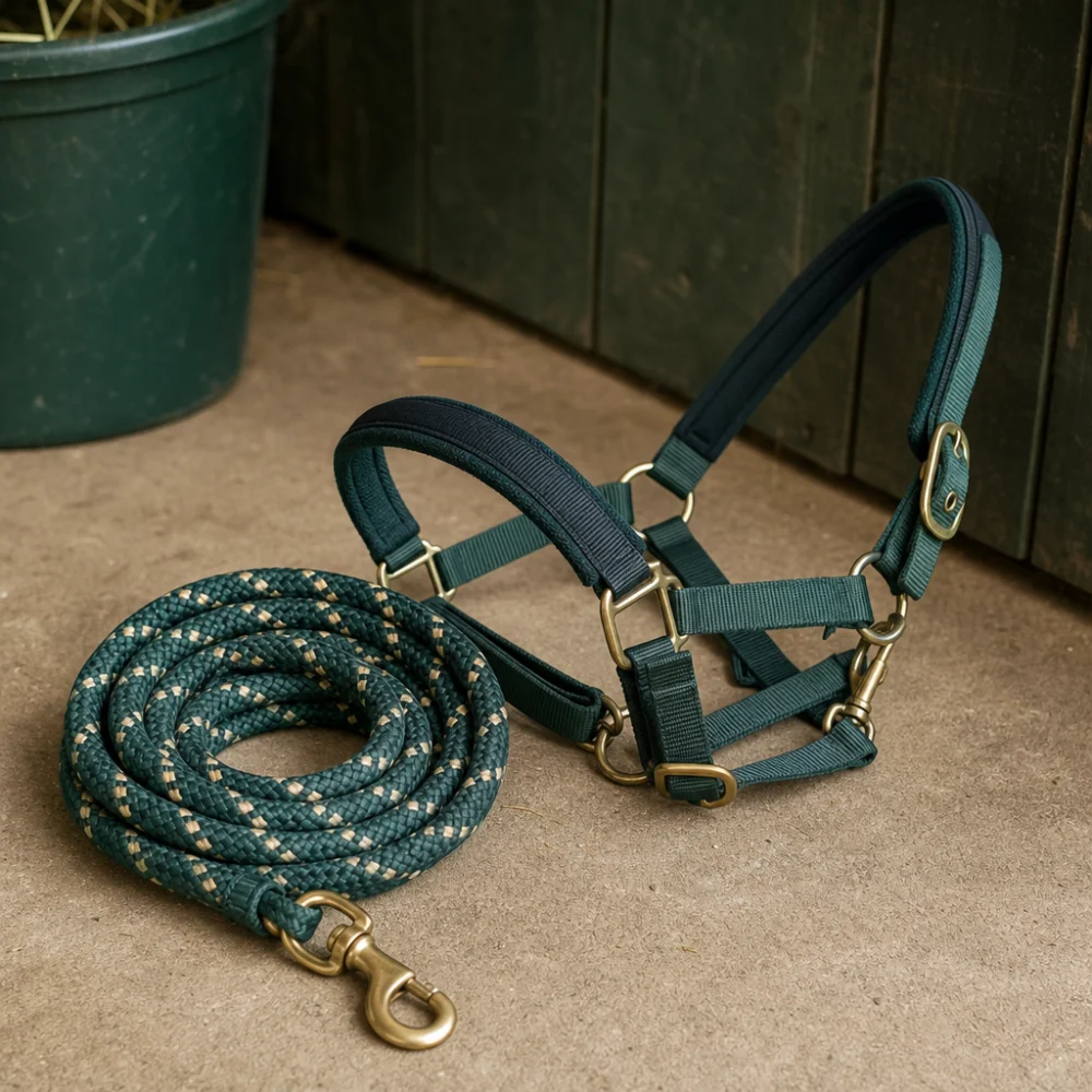 A coiled lead rope beside a halter on a neutral barn surface.