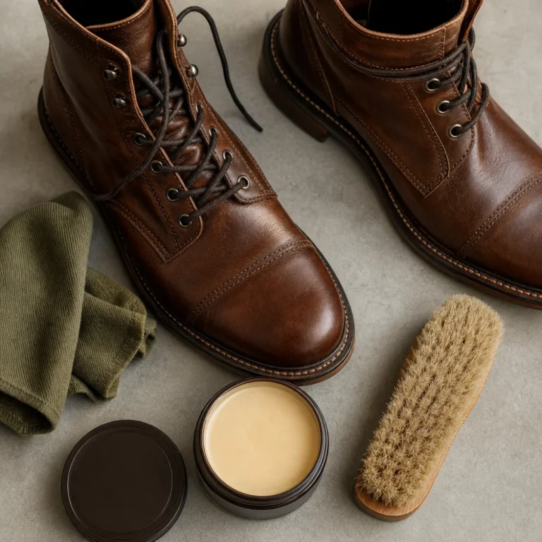 Leather boots with a conditioner container, brush, and cloth arranged for boot care.