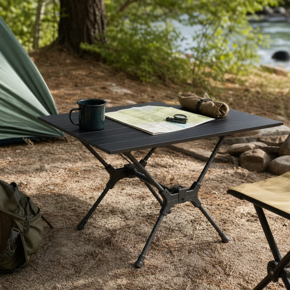 A lightweight camp table at a campsite with a mug and small gear items