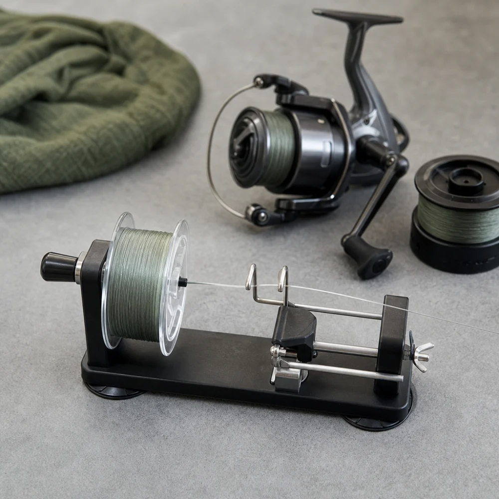 A fishing line spooler beside a reel and spool of line on a neutral surface.