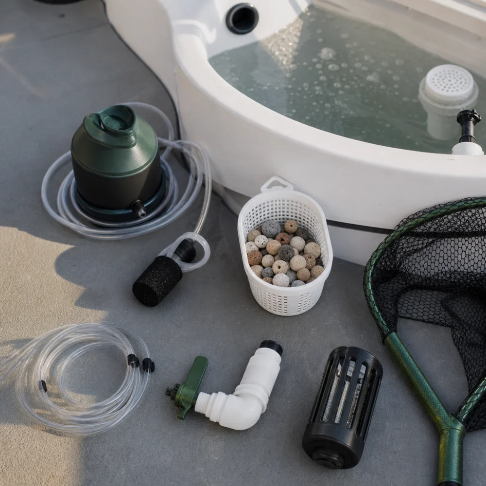 Generic livewell accessories arranged beside a bait tank area