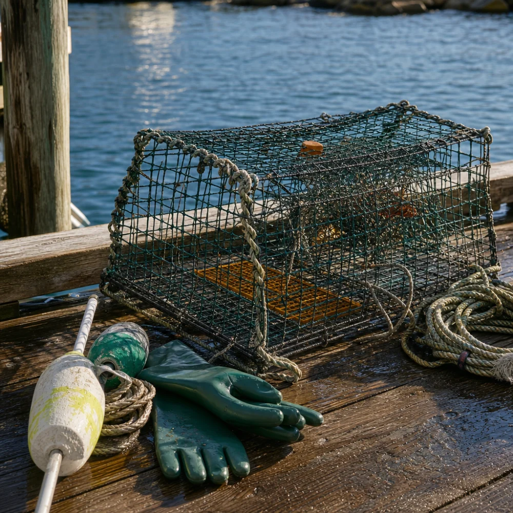 A lobster trap on a dock near saltwater fishing gear.