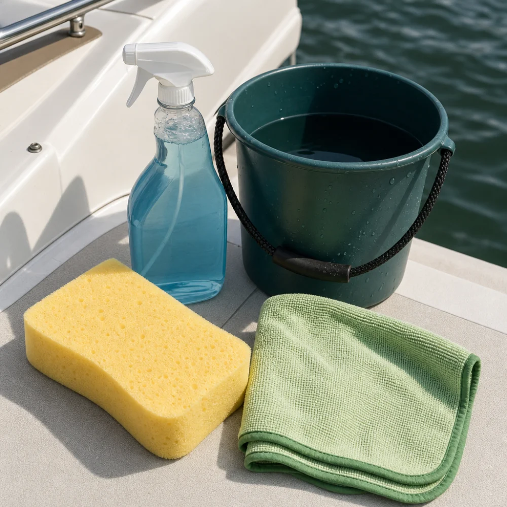 Generic marine cleaning supplies arranged on a neutral surface for a boat maintenance theme.