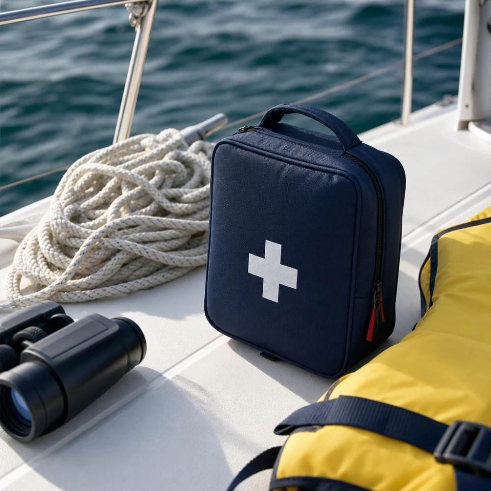 A marine first aid kit arranged on a boat deck with basic boating safety items.