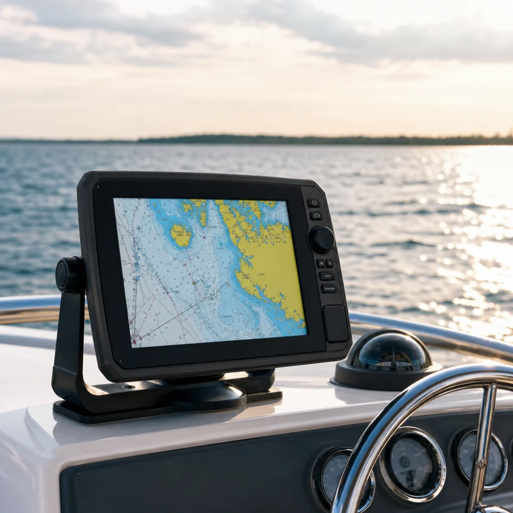 Marine GPS unit mounted at a boat helm with a navigation display.
