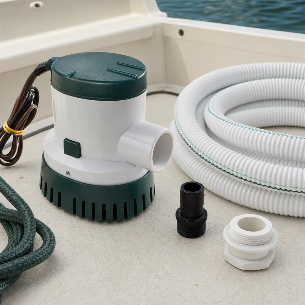A generic marine pump with hose and fittings arranged on a neutral surface
