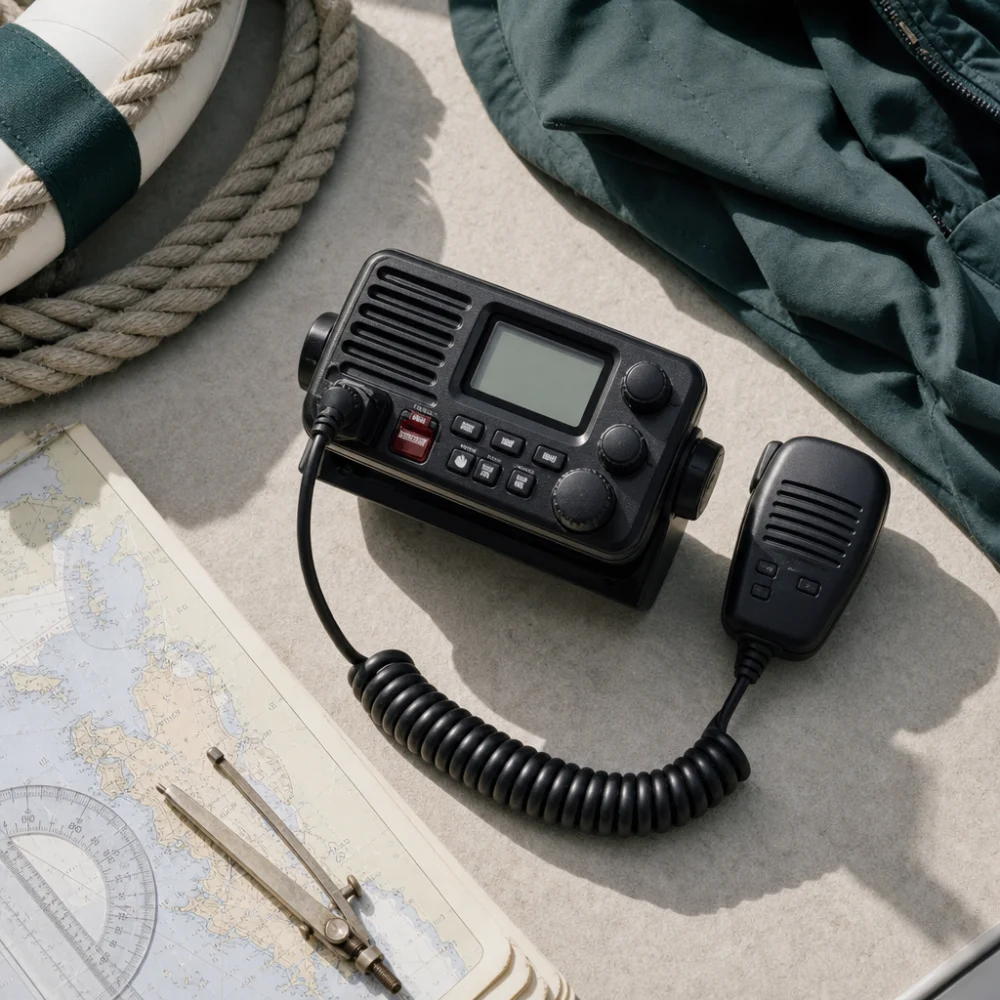 Marine VHF radio shown with simple boating gear on a neutral background.