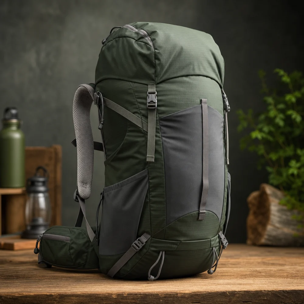 A generic hiking backpack shown at a three-quarter angle against a neutral background.