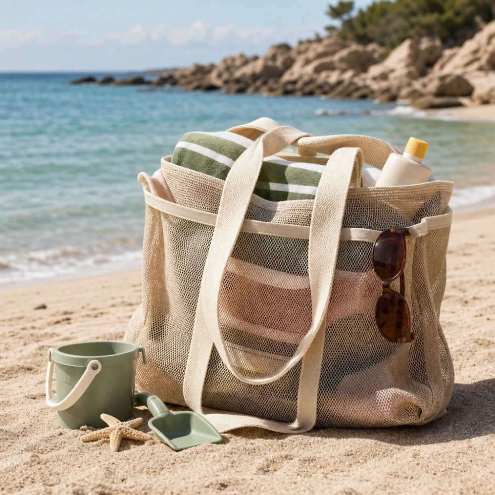 A mesh beach bag with beach essentials beside it on sand