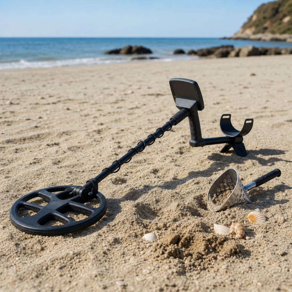 A metal detector on beach sand with a scoop and seashells