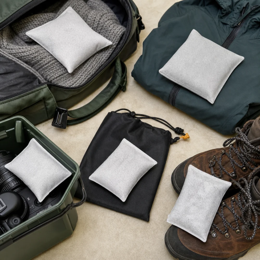 Moisture absorber pouches arranged beside stored gear in a simple flat-lay scene.