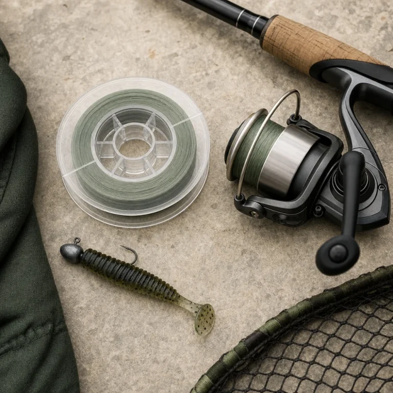 Spool of monofilament fishing line with simple fishing tackle on a neutral background.