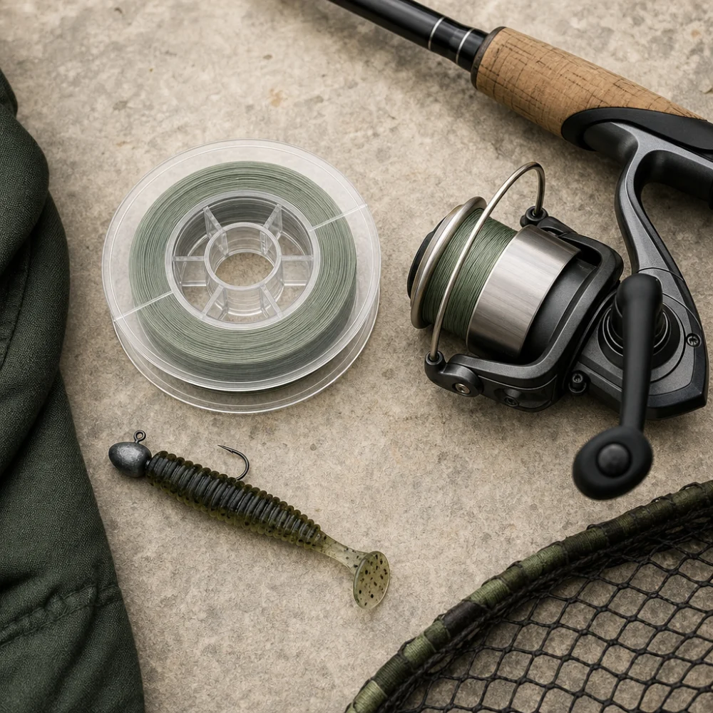 Spool of monofilament fishing line with simple fishing tackle on a neutral background.