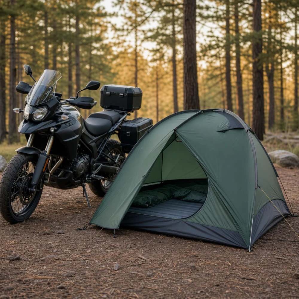 A motorcycle camping tent pitched beside a touring motorcycle at a campsite.