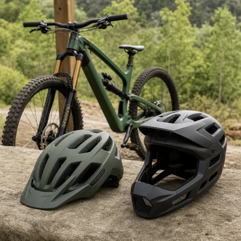 Two unbranded mountain bike helmets displayed in a simple product comparison scene.