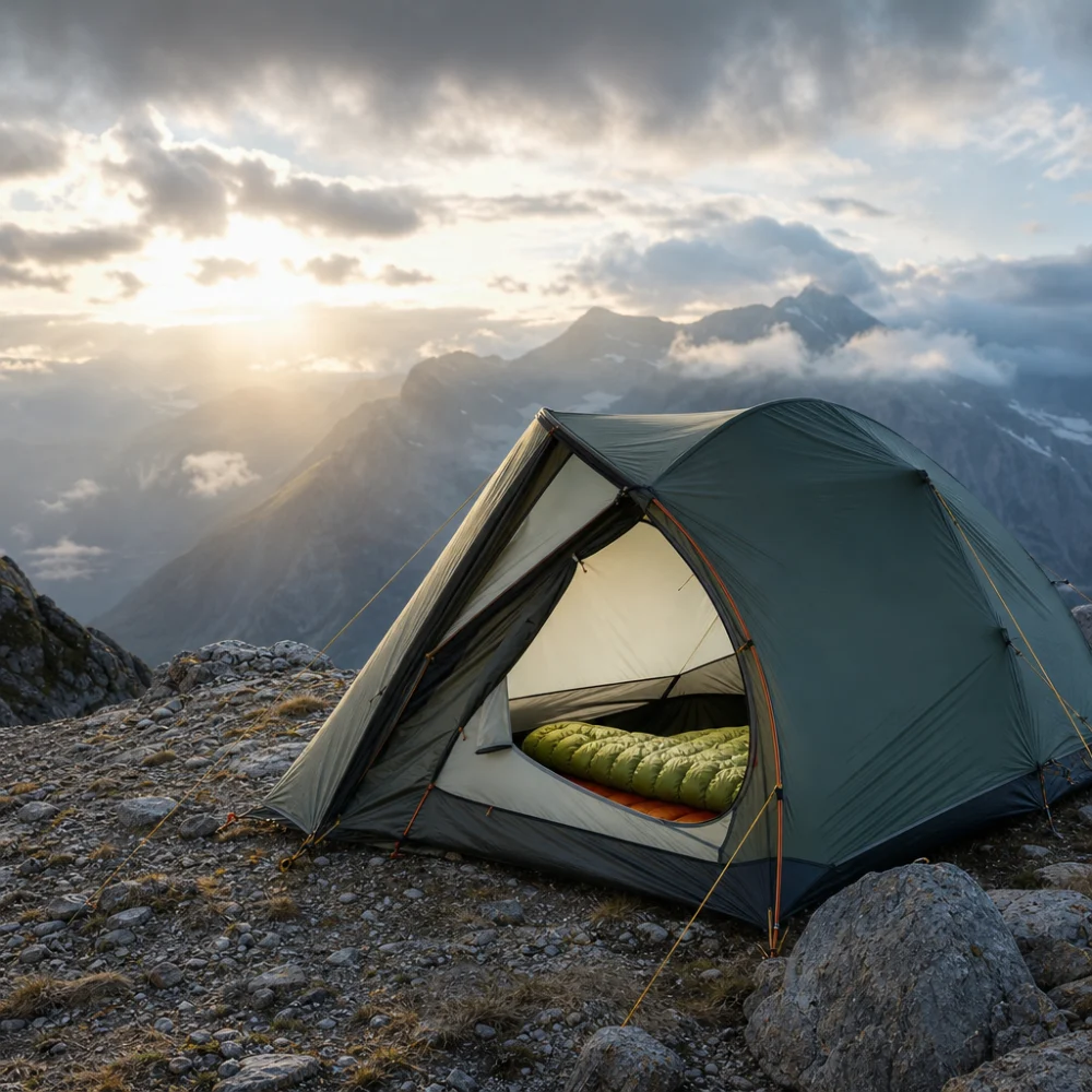 A mountaineering tent set up on rocky alpine ground in exposed mountain conditions.