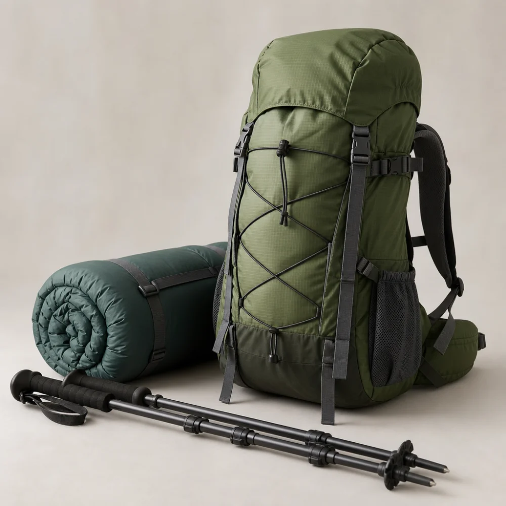 A hiking backpack with rolled outdoor gear on a clean background