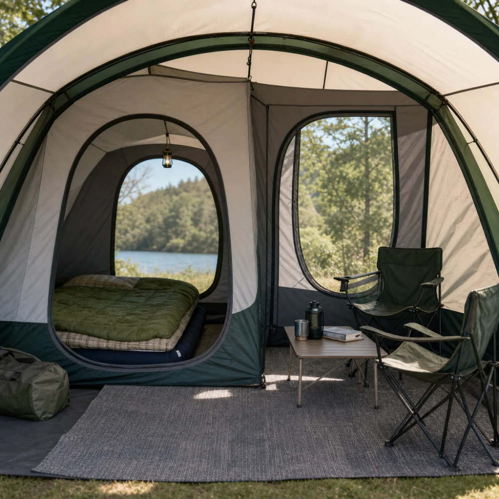 A multiroom tent interior showing separate sleeping and living areas.
