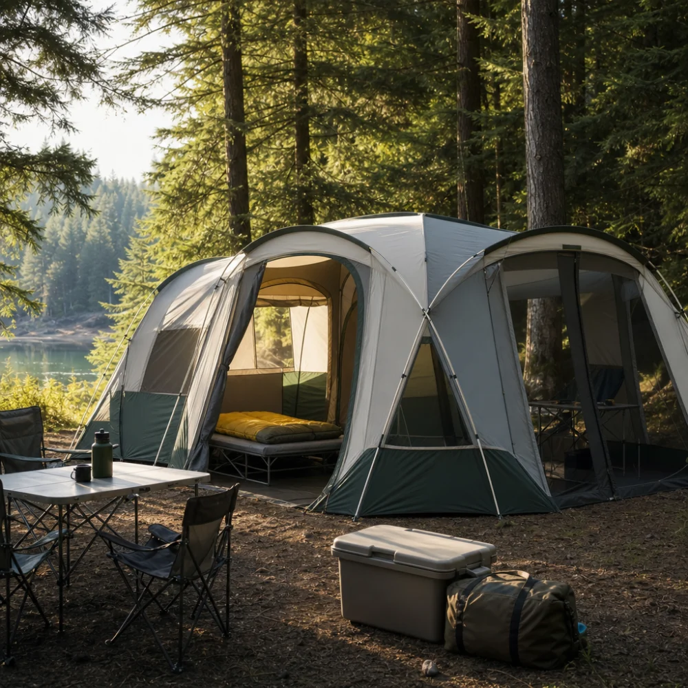 A multiroom family camping tent with separated sections set up at a campsite.