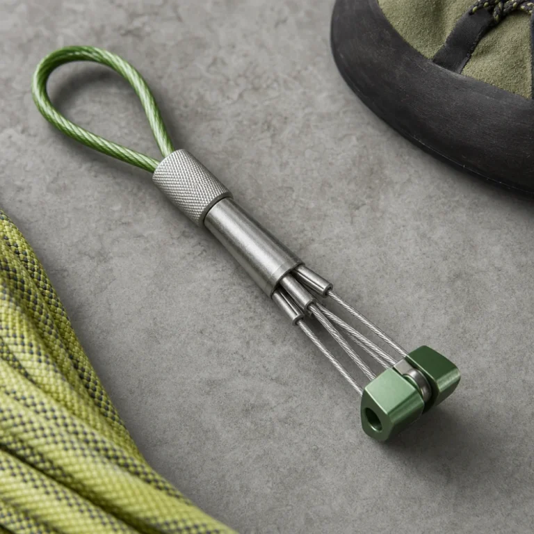 A generic nut tool arranged with simple climbing gear on a neutral background