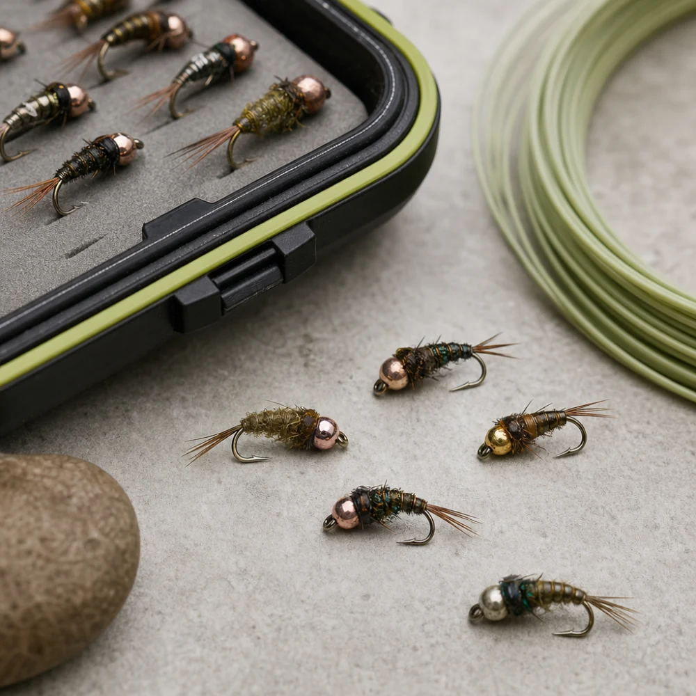 Assorted nymph flies arranged with a fly box on a neutral background